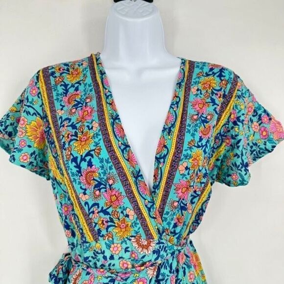 Boutique Short Sleeve Boho Floral Mixed Print Maxi Wrap Dress Boho Blue Small Ru - Picture 3 of 10
